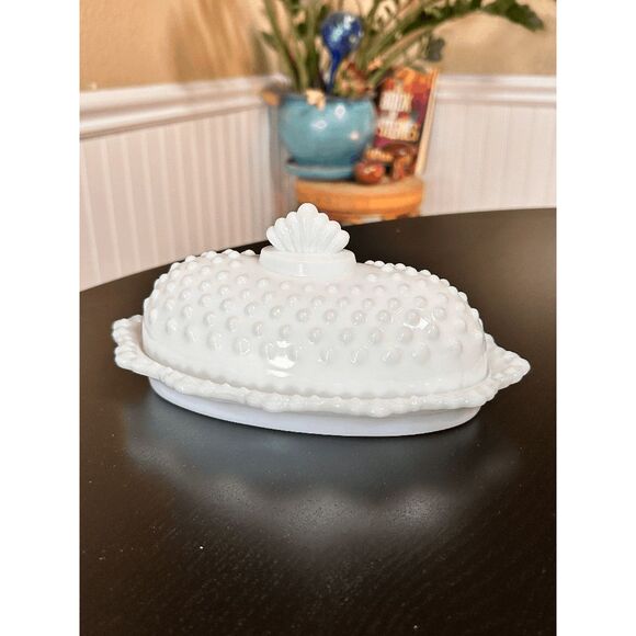 Vintage Fenton White Hobnail Milk Glass Butter Dish and Lid - Picture 1 of 7